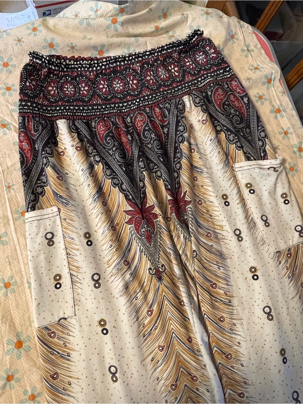 Boho Cream pants with Burgundy & Black Paisley Trim